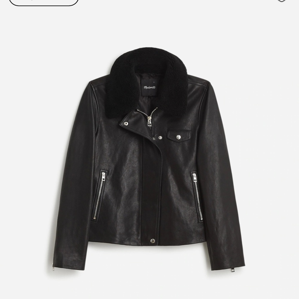Sherpa-Collar Asymmetric Zip-Front Jacket in Leather